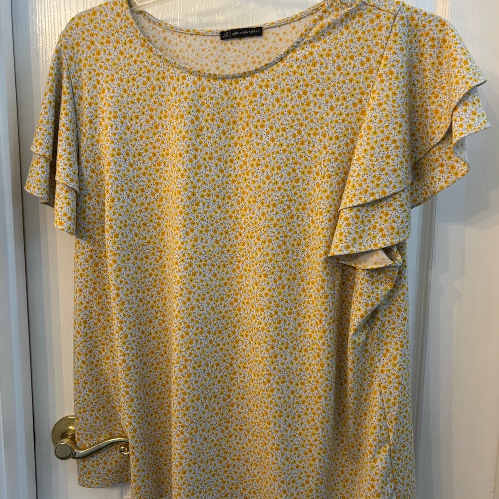 Adrianna Papell Yellow Floral Ruffle Blouse